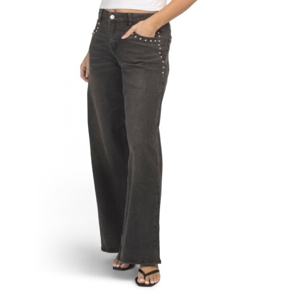 MADDEN GIRL Washed Black Studded Pocket Denim Jeans - Picture 1 of 2